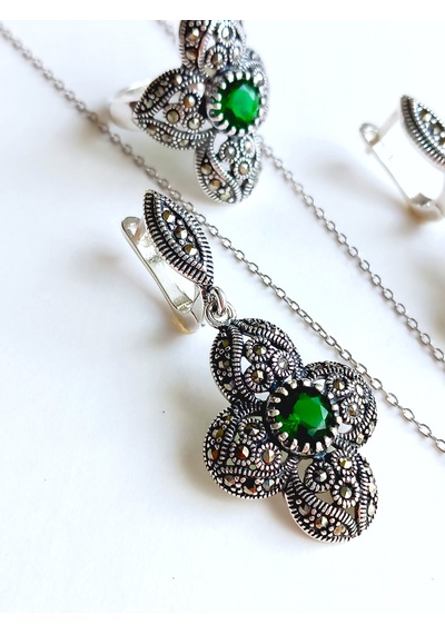 Gümüş Markazit Yeşil Taşlı Otantik Tasarım Kolye Küpe Yüzük Set