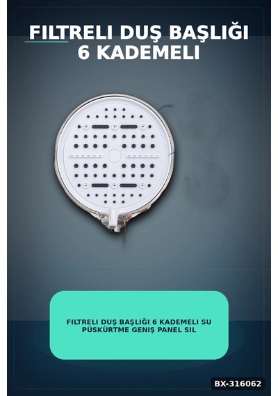 Filtreli Duş Başlığı 6 Kademeli Su Püskürtme Geniş Panel Silikon Nozullu Beyaz Bx-316062 Diğer