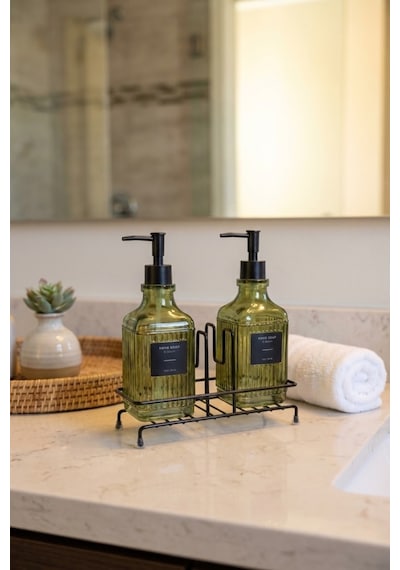 Makri Home Modern Çizgili Desenli Cam Ikili Sıvı Sabunluk & Deterjanlık Seti, Yeşil- 500 Ml Cam Sabunluk Yeşil