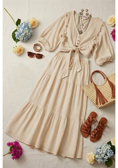 Fashion Cocktail Midye İstiridye Deniz Kabuğu V-yaka Bağlamalı Crop Dizaltı Lastikli Etek Bluz Sahil 2li Bohem Takım Açık Bej Fashion Cocktail Midye İstiridye Deniz Kabuğu V-yaka Bağlamalı Crop Dizaltı Lastikli Etek Bluz Sahil 2li Bohem Takım Açık Bej