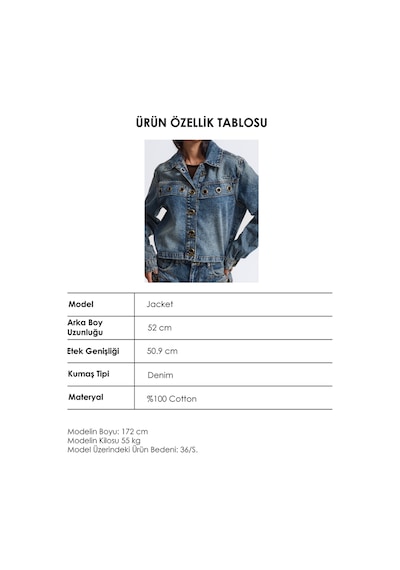 Kadın Kot Rengi 4w6-8 Kemer Boy Kuş Gözü Detaylı Özel Tasarım Denim Ceket