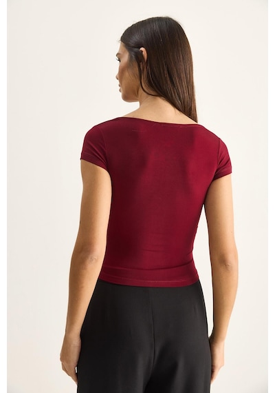 Shade Kadın Degaje Yaka Drapeli Crop Bluz 2343 60286200 - Bordo