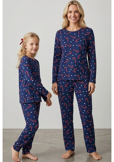 Siyah İnci %100 Pamuklu Şeker Baston Desenli Yılbaşı Temalı Örme Pijama Takım Lacivert Baston