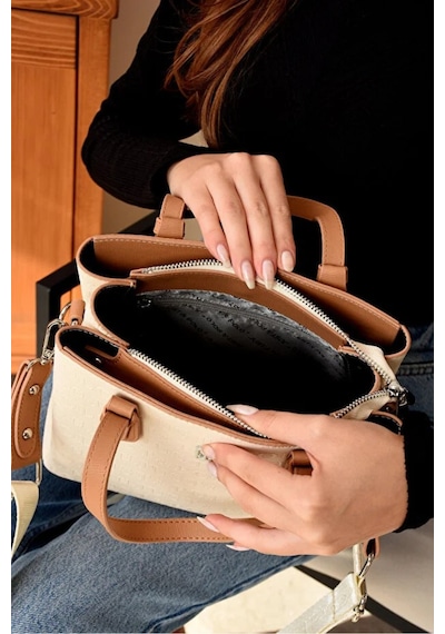 Just Polo Kadın Günlük Kullanıma Uygun Ayarlanabilir Askılı Lüks El Ve Omuz Çantası Shoulder Bag Shopper Krem - Taba 34659621