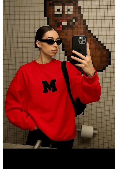 Benroma 3 İplik Penye M Baskılı Unisex Sweatshırt Kırmızı