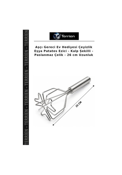 Aşçı Gereci Ev Hediyesi Çeyizlik Eşya Patates Ezici - Kalp Şekilli - Paslanmaz Çelik - 26 Cm Uzunluk