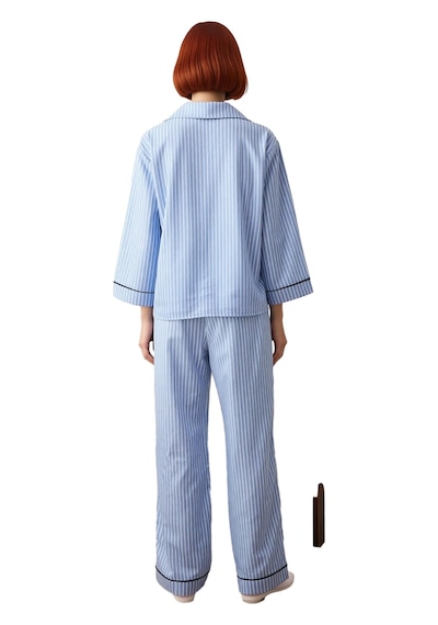 Ersefa Kadın Çizgili Gömlek Yaka Pijama Takımı Uzun Kollu Ev Giyimi Fonk mavi