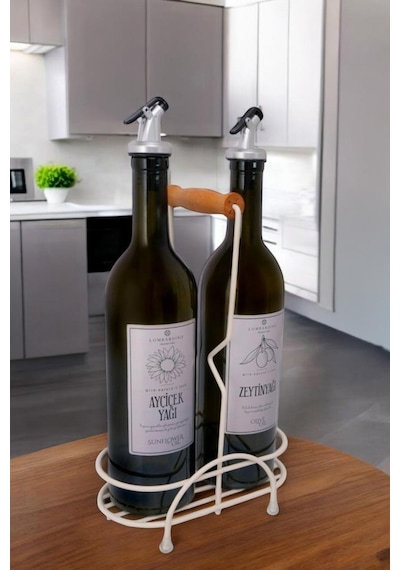 Digithome Petra 2'li Krem Metal Standlı Ahşap Saplı Yağdanlık Seti Gümüş Etiketli Amber Yağlık 750 Ml Krem