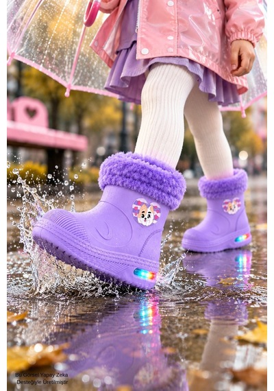 Muggo Muppy Işıklı Kürk Detaylı Unisex Çocuk Günlük Yağmur Ve Kar Botu Lila