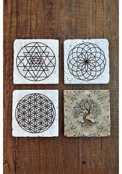 Doğal Taş Bardak Altlığı Uv Baskılı 4'lü Set - Hayat Ağacı Yaşam Çiçeği Sri Yantra - Stone Coasters Çok Renkli