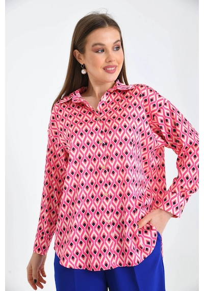 Fuşya Desenli Oversize Uzun Kol Basic Saten Gömlek 001