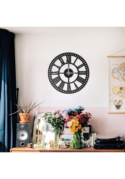Büyük Romen Rakamlı Duvar Saati - 60 Cm Siyah Metal Açık Yüz Tasarımı - Oturma Odası, Mutfak, Ofis, Ev Dekoru İ Çok Renkli
