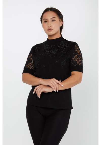 Kazee Kolları Dantel Detaylı Triko Bluz Siyah - 799313730 Siyah
