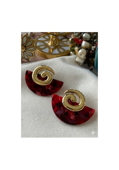 Yelpaze Şekilli Bordo Kırçıllı Çelik Küpe Gold