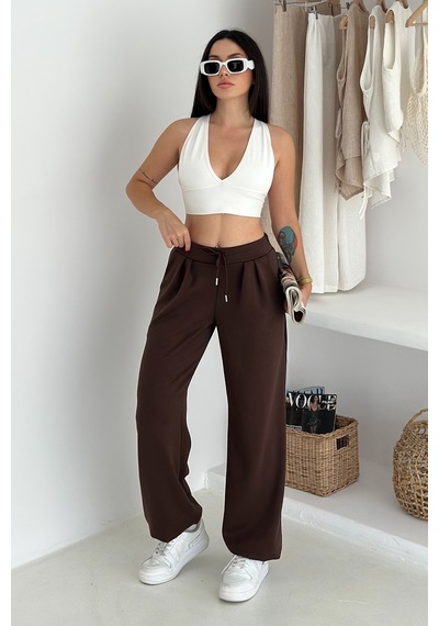 Noa & Noa Kadın Yüksek Bel Geniş Paça Bağcıklı Sweatpant Urban Ease Kahverengi
