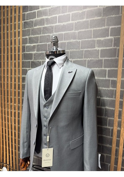 Dupont Classics Erkek Slim Fit 6 Drop Sivri Yaka Yelekli Poliviskon Çift Yırtmaç Takım Elbise Açık Gri