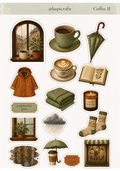 5 Sayfa Coffee & Matcha Temalı Sticker Set Coffee Break Ajanda Scrapbook Journal 0