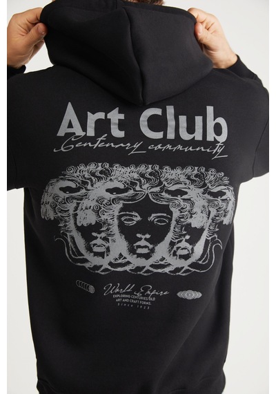 Grımelange ANDREAS Erkek Kapüşonlu İçi Polarlı Baskı Detaylı Siyah Sweatshirt