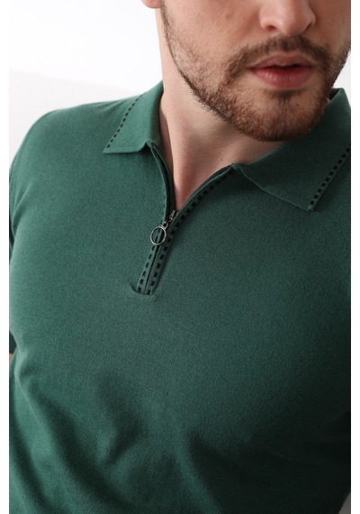 Ferraro Yeşil Polo Yaka Fermuarlı Erkek Pamuk Triko T-Shirt-Yeşil (417942963) Yeşil