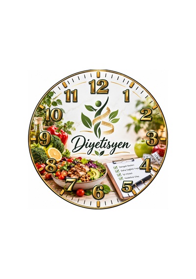 Diyetisyen Temalı Duvar Saati 45 Cm Beslenme Uzmanı Diyet Kliniği Uv Baskı Sessiz Akar Mekanizma 928 Çok Renkli