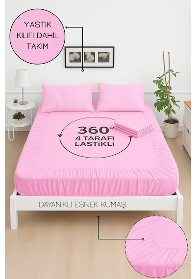 Mirava Premium %100 Pamuk Penye Lastikli Tek Kişilik Çarşaf Takımı 1 Yastık Kılıfı Dahil Pembe 100x200cm Pembe