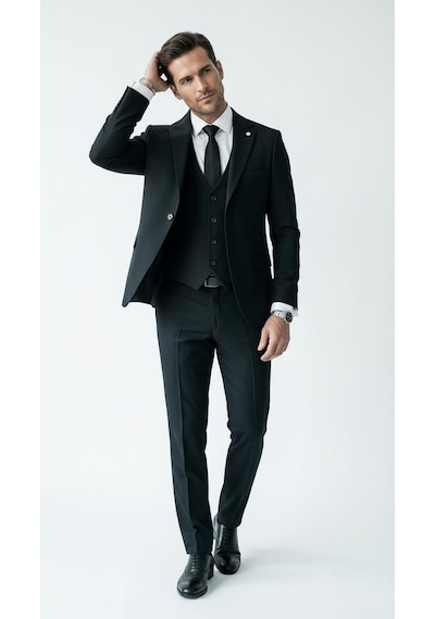 Erkek Klasik Slim Fit Armürlü Kumaş Tek Düğmeli Çift Yırtmaçlı Klasik Yaka Takım Elbise 7 Drop Siyah