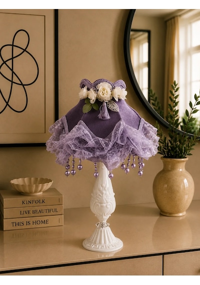 Gri Kadife Kaplı El Yapımı Başlık Ahşap Beyaz Ayak Klasik Model Abajur 50x25cm