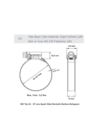 3 Adet W2 Hortum Kelepçesi 16-27 mm Ayarlı 430 Kalite Paslanmaz