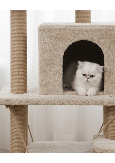 Reyo Pet Y01 Salıncaklı Yuvalı Lüx Kedi Tırmalama Oyun Evi Bej