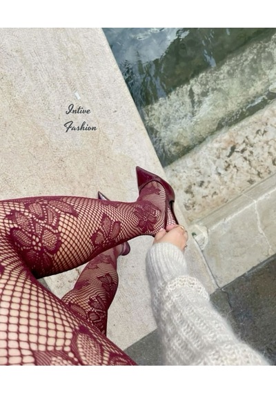 Intive Fashion Jane Büyük Çiçek Desenli File Modern Külotlu Çorap Bordo-siyah Bordo