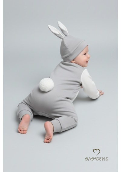 Babyden's Bebek Tavşanlı Tulum Şapka Set %100 Pamuklu Çıtçıtlı,ayarlanır Ponponlu Unisex Yenidoğan Tulum Seti Gri