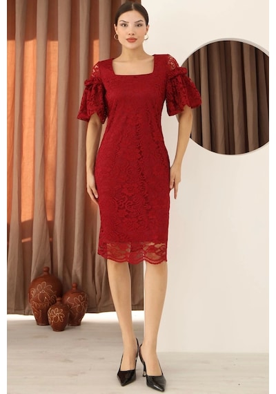 Lodmela Kare Yaka Balon Kollu Dantel Elbise 6039-bordo Bordo