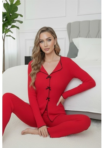 Bella Notte Pamuklu Kırmızı Fiyonk Detaylı Mevsimlik Pijama Takımı