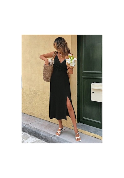 Butik İstanbul Ip Askılı Kruvaze Yakalı Yanlardan Yırtmaçlı Mıdı Burumcuk Elbise Siyah