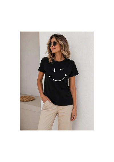 Butik İstanbul Minimal Gülümseyen Yüz Baskılı Tişört Kısa Kol Yazlık T-shirt - Siyah Butik İstanbul Minimal Gülümseyen Yüz Baskılı Tişört Kısa Kol Yazlık T-shirt - Siyah