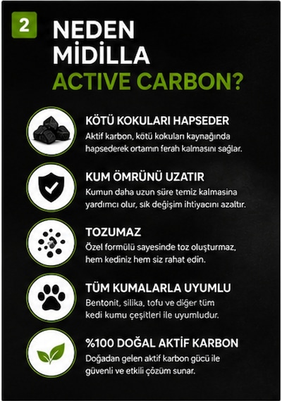Midilla Active Carbon Kedi Kumu Koku Giderici 4 X 250 G %100 Gerçek Aktif Karbon Toplam 1.000 G
