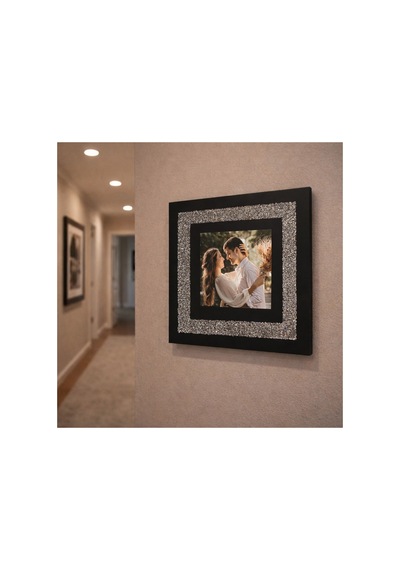 Kişiye Özel Fotoğraflı Kare Çerçeve 20x20 Cm Siyah Kumaş & Taşlı Tasarım