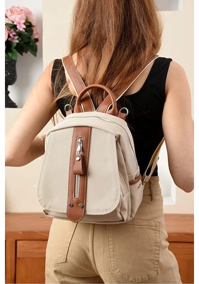 Just Polo Kadın Günlük Kullanıma Uygun Ayarlanabilir Askılı Lüks Sırt Çantası Shopper Krem - Taba