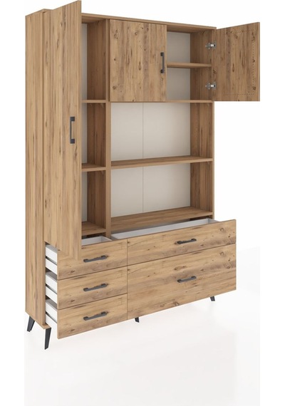 Arges Dolap 7 Raflı 5 Çekmeceli 3 Kapaklı 132x30x195 Çam-çam/çam Çam