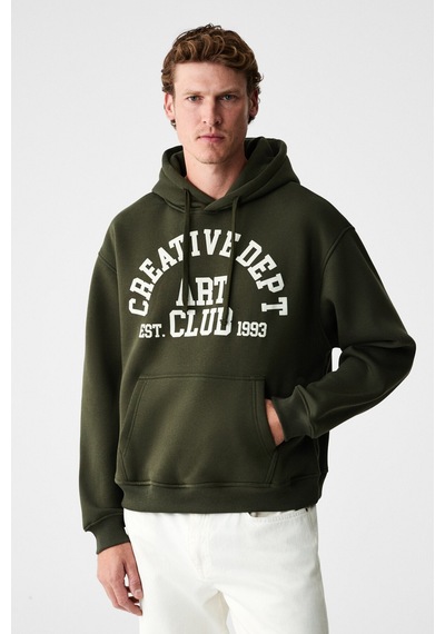 Grımelange Cassıan Erkek Önü Kabaran Baskılı Kapüşonlu Kordonlu Kanguru Cepli Haki Sweatshirt Haki