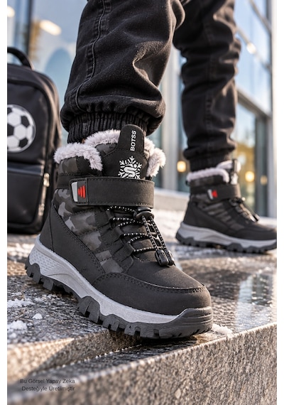 Muggo Peak İçi Kürklü Cırtlı Ve Bağcıklı Unisex Çocuk Kar Botu Siyah