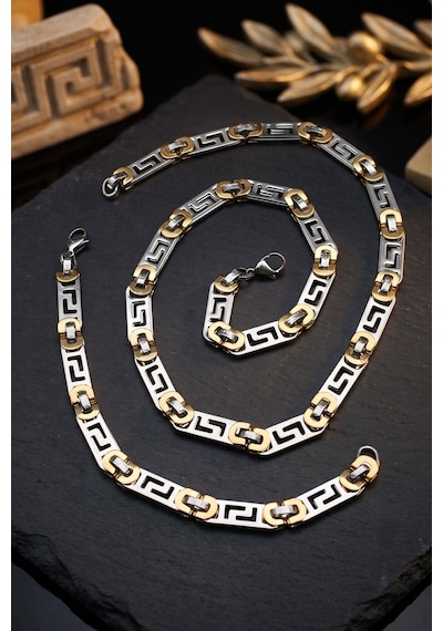 Paslanmaz Çelik Euro Kral Model Erkek Kolye Zincir Ve Bileklik Set 10mm Grek Desenli 902932 Çok Renkli