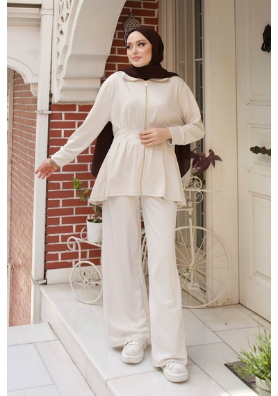 Balenbi Kadın Oversize Kesim Beli Pileli Ful Fermuarlı Modal Takım 1235 Taş