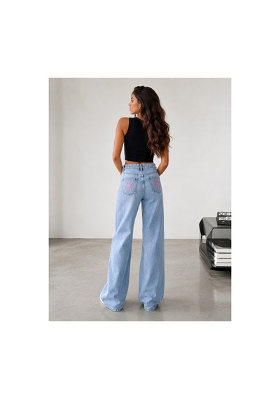 Kene Jeans Buz Kar İşlemli Yüksek Bel Arka Cep Kurdele Detaylı Kot/denim Pantolon Buz Kar