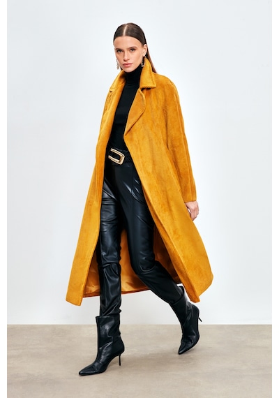 Sateen Uzun Kadife Trençkot - Camel-134017 Camel