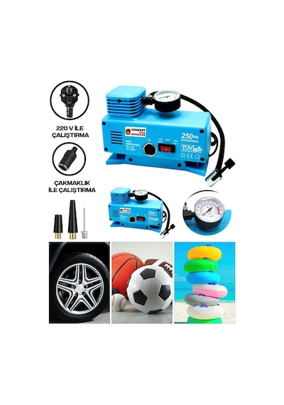 Bay 220 Volt-12 Volt 250 Psi Geniş Uygulama Yelpazesi Kompresör Lastik Hava Şişirme Oto Pompası Najmaddin Standart