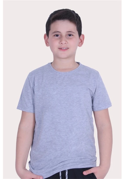 Markahit Basic Bisiklet Yaka %100 Pamuk Likralı Düz Unisex Çocuk T-shirt Gri
