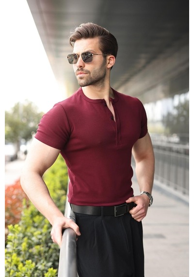 Madmext Bordo Yarım Düğmeli Slim Fit Erkek Tişört E7186