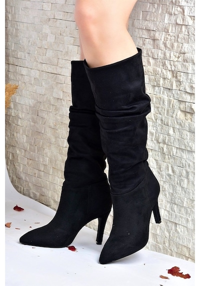 Fox Shoes Siyah Süet Ince Topuklu Kadın Çizme L404868002