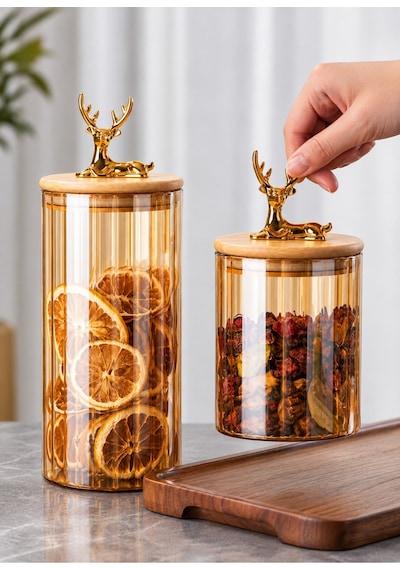 3'lü Bambu Geyik Kapaklı Vakumlu Borosilikat Set Cam 1100ml-950ml-780ml Bordo